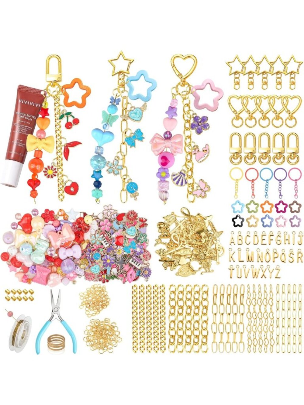 DIY Keychain Making Kit - 364 Pcs with Charms, Clips, Beading Tools & Jewelry